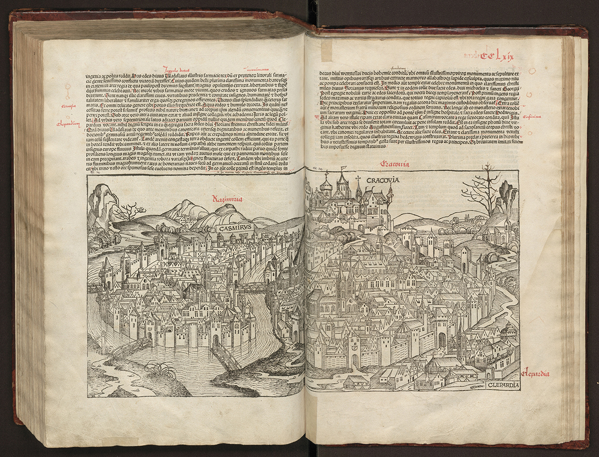 Widok Krakowa z czasów Kopernika: skan ze starodruku z kolekcji Biblitoeki Jagiellońskiej