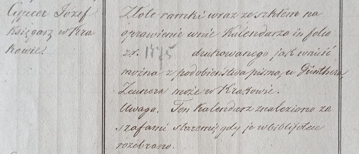 Informacja w Liber benefactorum Bibliothecae Universitatis Cracoviensis o złotych ramkach ze szkłem przeznaczonych dla Kalendarza (fot. Jacek Partyka)
